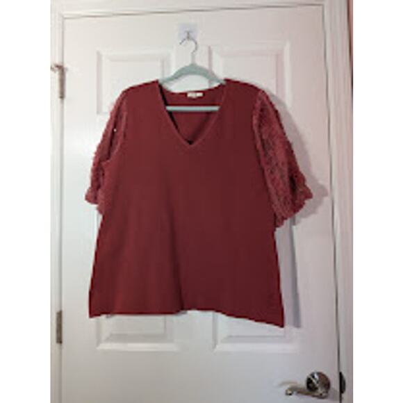 Red short sleeve top with floral sleeves - Picture 1 of 4